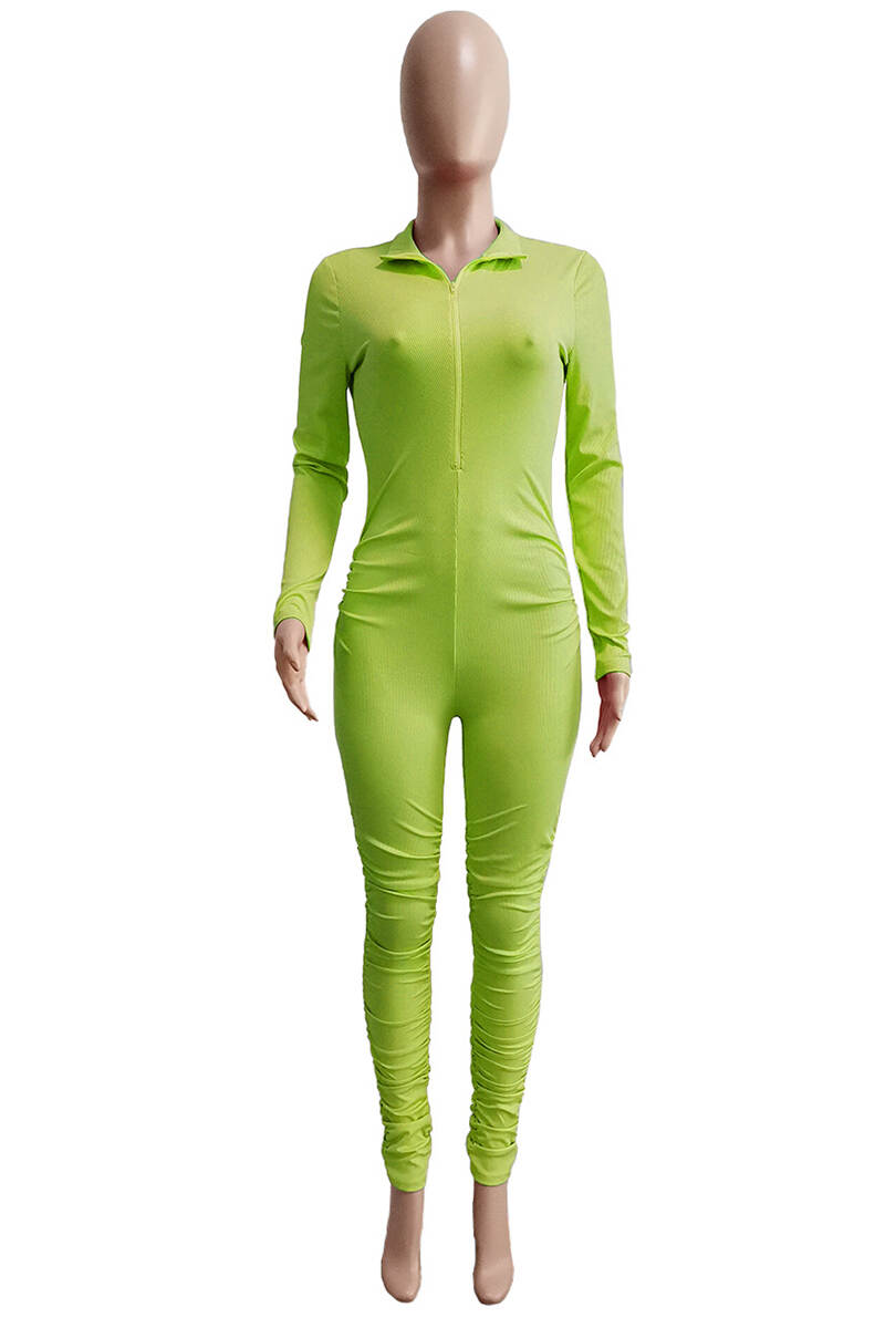 Green Yellow Casual Solid Fold Zipper Collar Skinny Jumpsuits