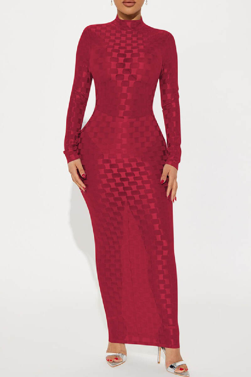 Red Sexy Plaid See-through Turtleneck Long Sleeve Dresses