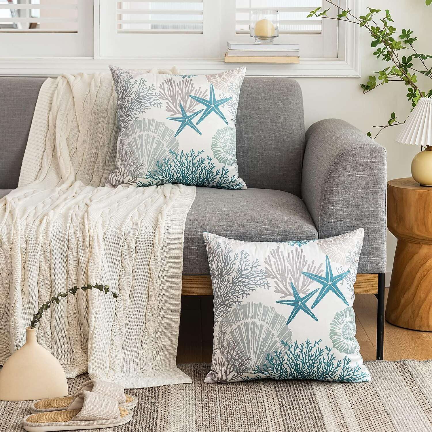 Nautical Coastal Floral Double Side Pillow Cover 2PC Soft Decorative Square Cushion Case Pillowcase for Bedroom Livingroom Sofa Couch Chair