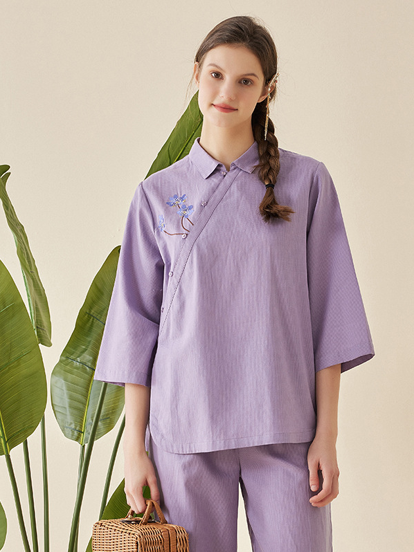 Shawl Collar Regular Fit Simple Cotton Pajama Set