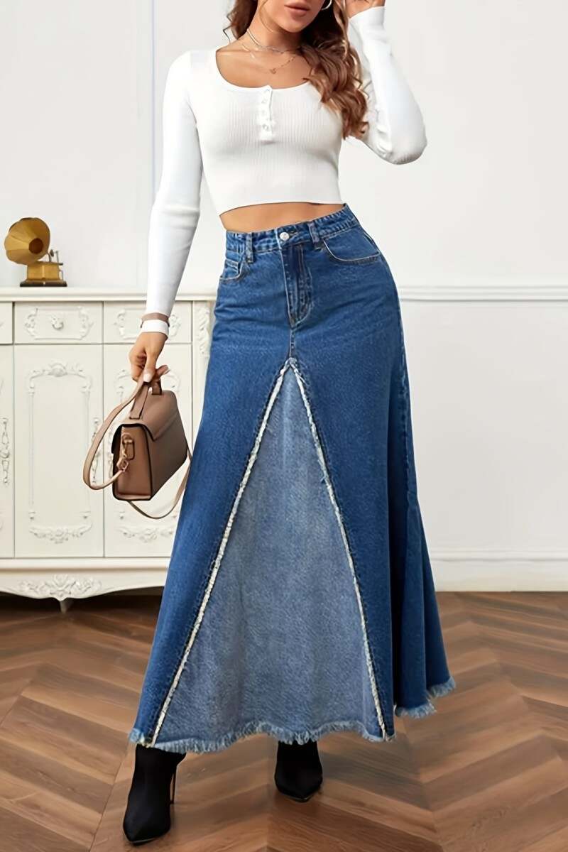 Deep Blue Casual Patchwork Contrast High Waist Regular Denim Skirts