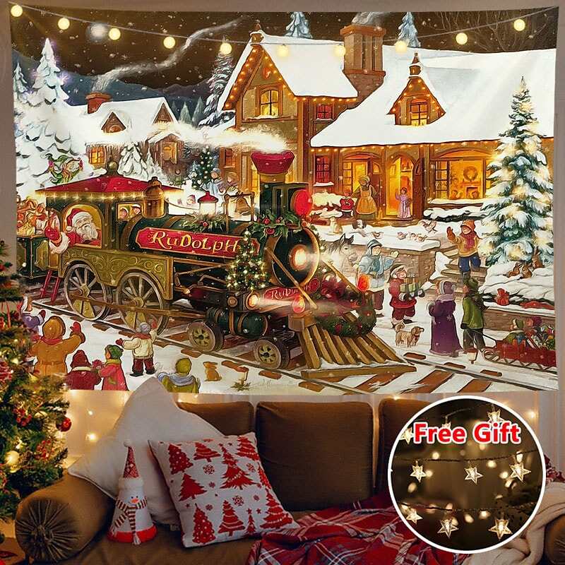 Christmas Decor LED Lights Wall Tapestry Santa Claus Print