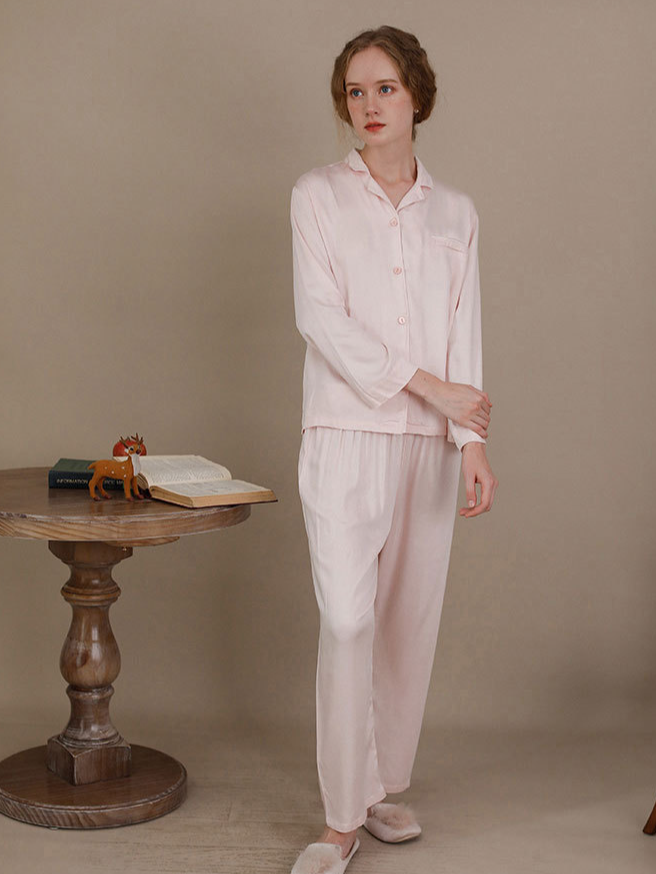 Shawl Collar Plain Elegant Long Sleeve Pajama Set