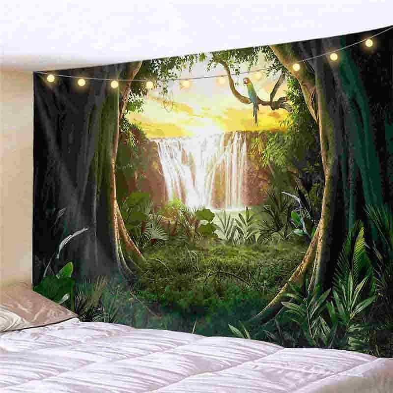 Landscape LED Lights Wall Tapestry Art Decor Forest Waterfall Print