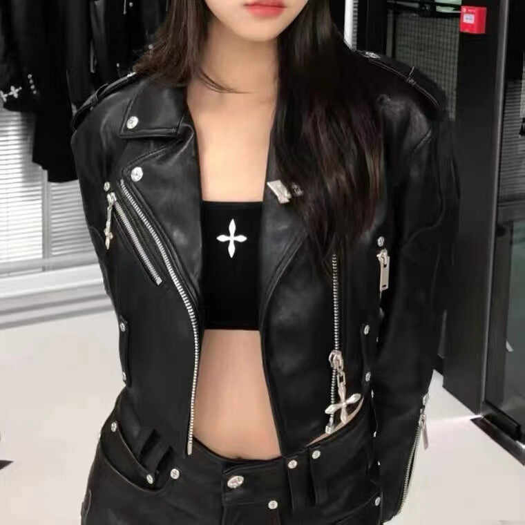 Studded Cross Faux Cropped Leather Jacket