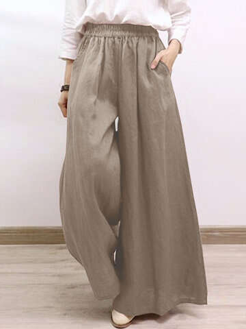 Women Skirts | Solid Pocket Elastic Waist Wide Leg Casual Pants - TX64375