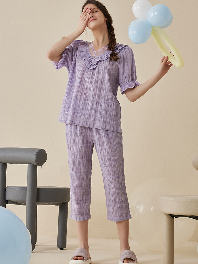 Plain Loose Simple Cotton Short Sleeve Pajama Set