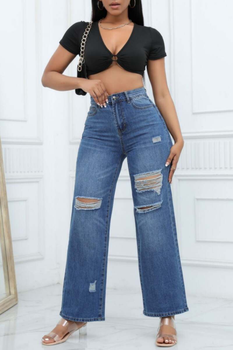 Deep Blue Casual Solid Ripped Patchwork High Waist Straight Denim Jeans