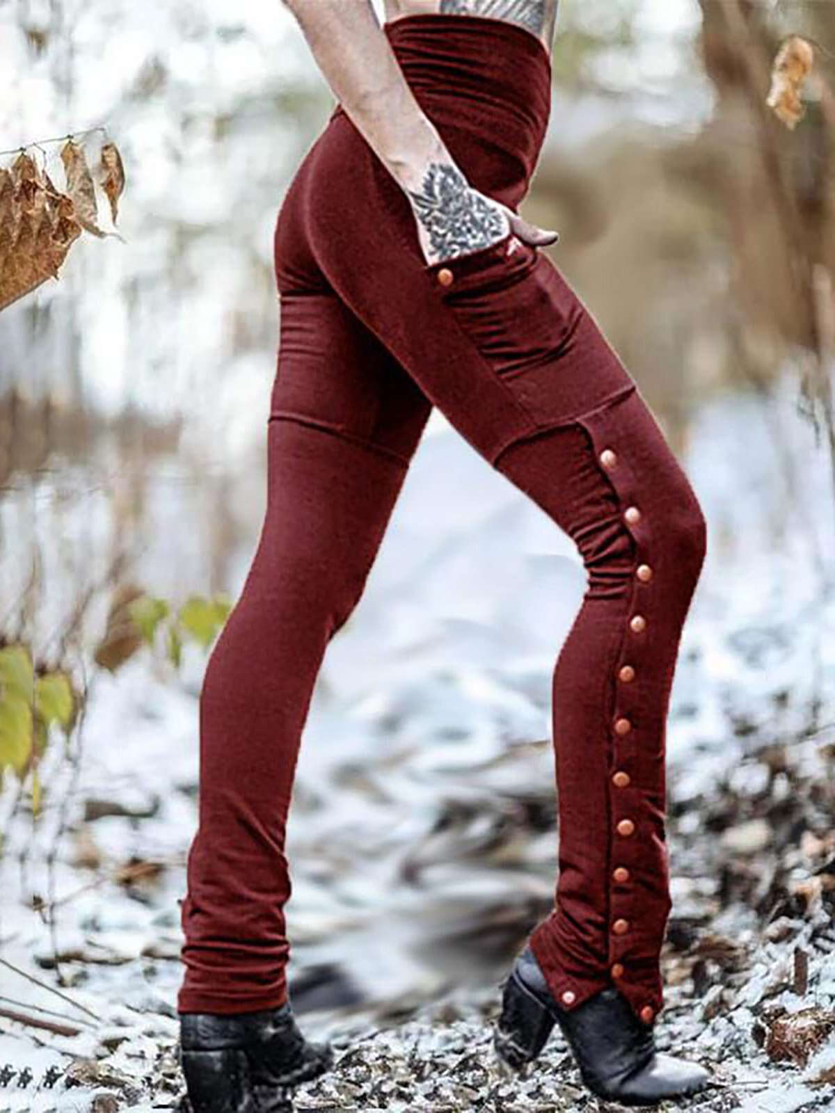 Women's Rivet Split Slim Stretch Pockets Leggings