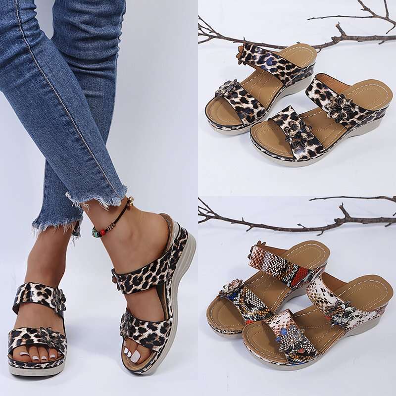 2022 New Leopard Print Leather Wedge Soft Sole Sandals