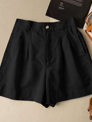Women Shorts | Solid Ruched Pocket Button Elastic Waist Casual Cotton Shorts - BU54844