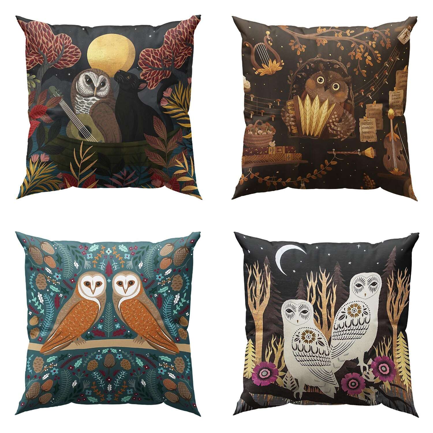 William Morris Owl Floral Plant Double Side Pillow Cover 4PC