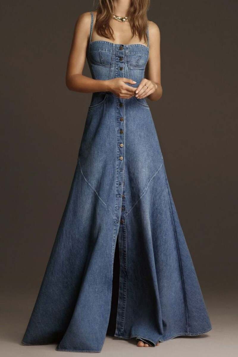 Blue Sexy Casual Solid Backless Spaghetti Strap Skinny Denim Dresses