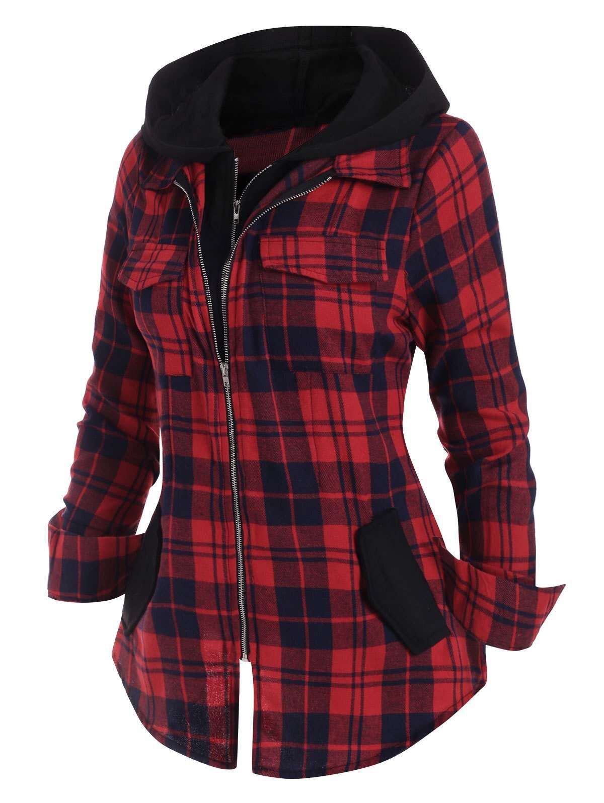 Double Zipper Plaid Pocket Hooded Shirt Jacket