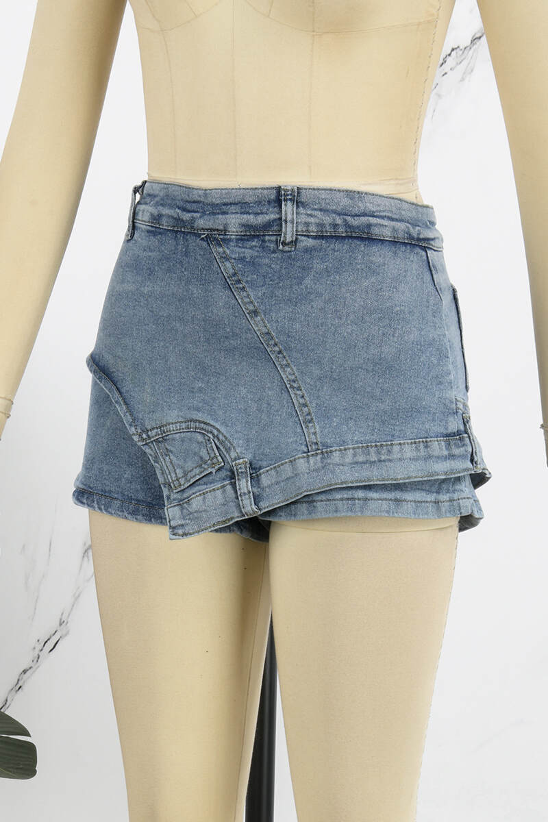 Deep Blue Casual Street Solid Patchwork Pocket Mid Waist Skinny Denim Shorts