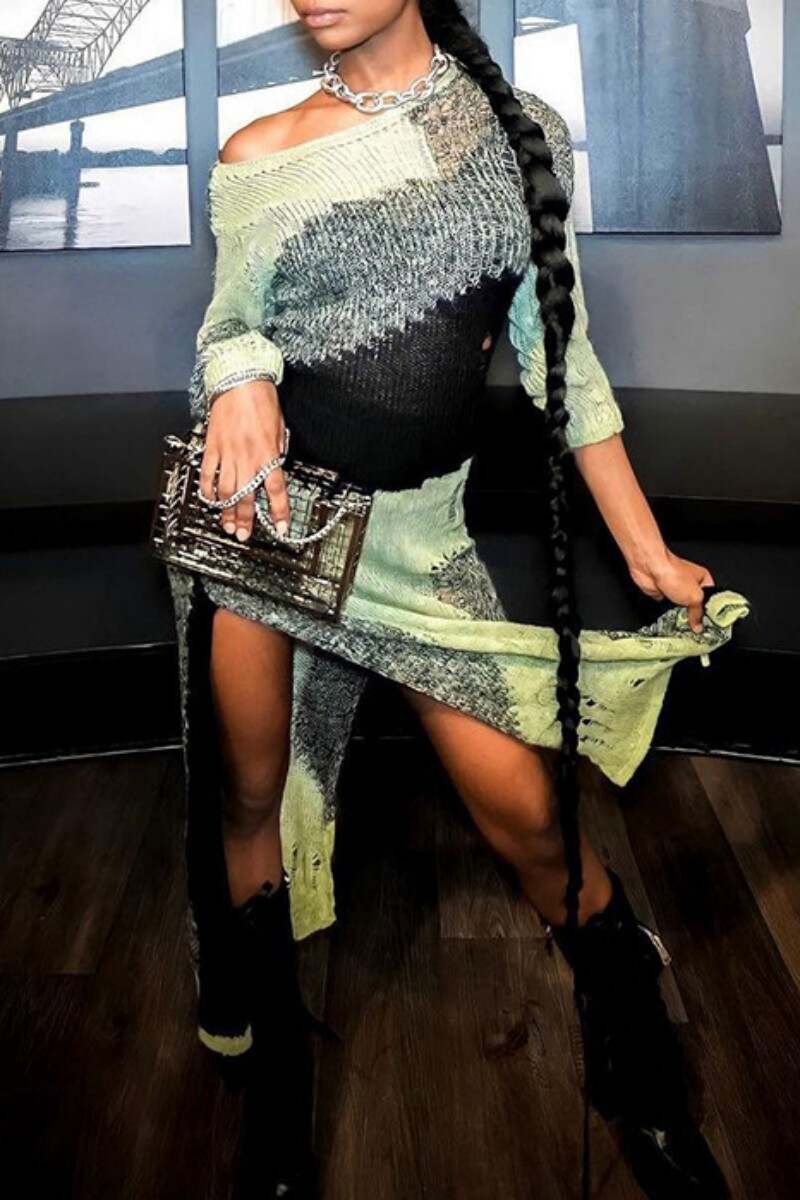 Green Casual Patchwork Ripped Slit O Neck Long Sleeve Dresses