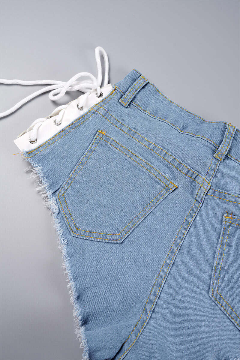 Light Blue Sexy Solid Ripped Pocket Buttons Cross Straps Zipper Regular Low Waist Solid Color Bottoms