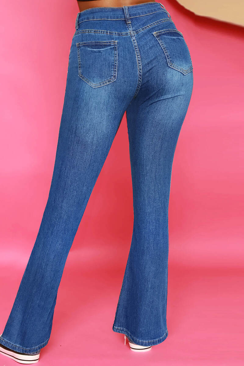 Deep Blue Casual Solid Buckle High Waist Regular Denim Jeans