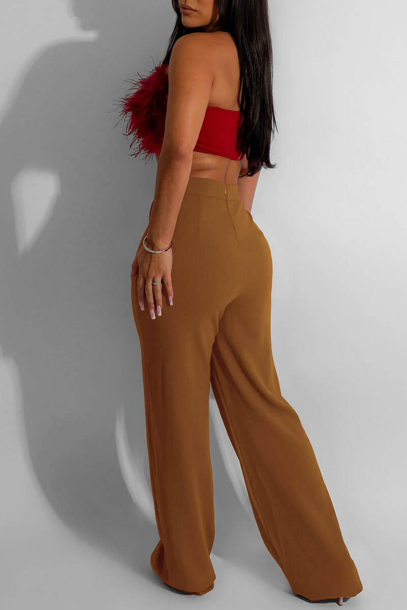 Red Casual Solid Basic Regular High Waist Conventional Solid Color Trousers