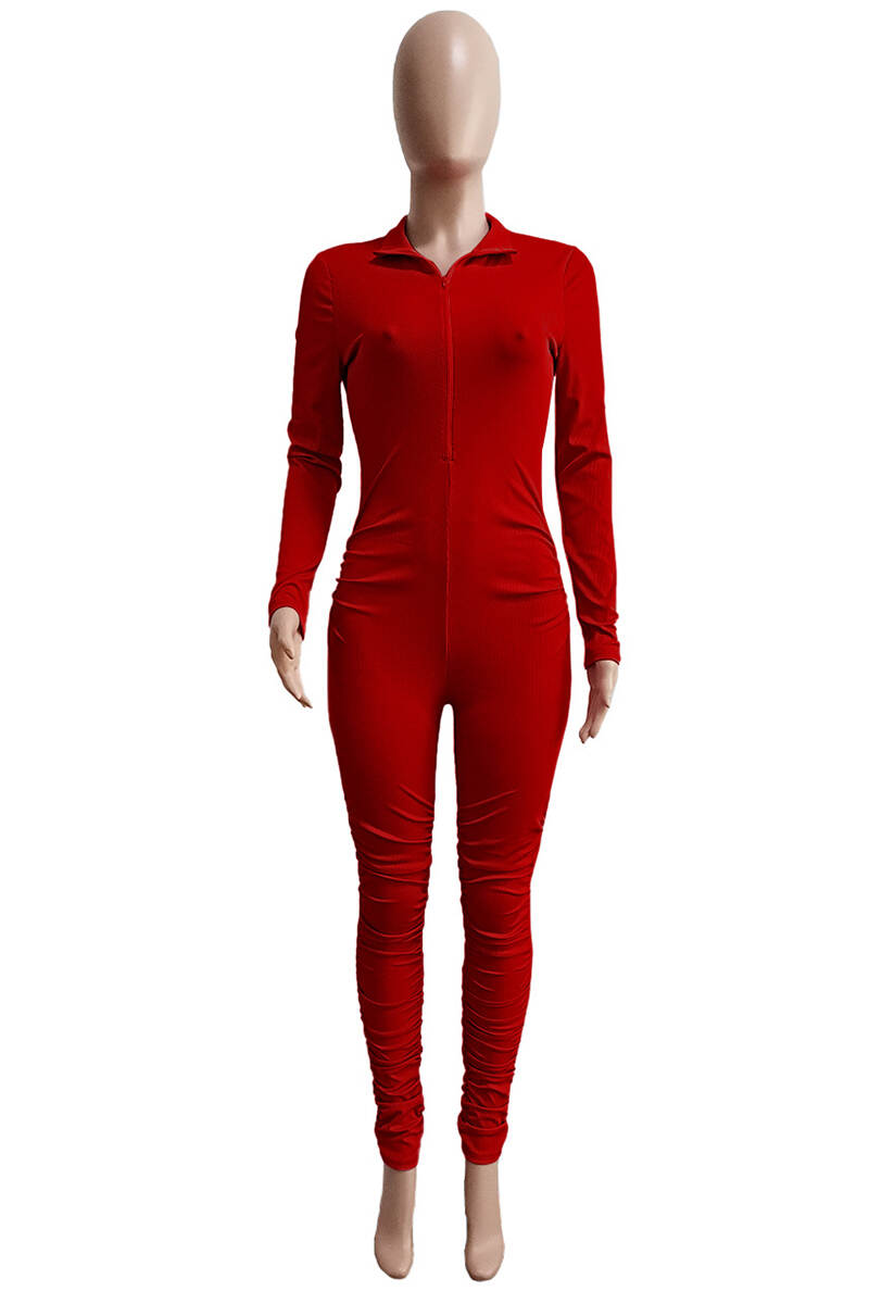 Red Casual Solid Fold Zipper Collar Skinny Jumpsuits