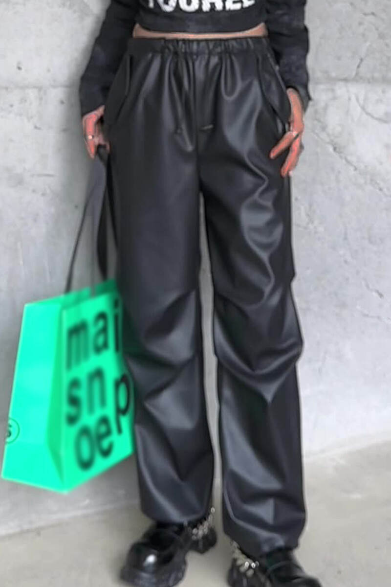 Black Street Solid Patchwork Draw String Pocket Straight Mid Waist Straight Solid Color Bottoms