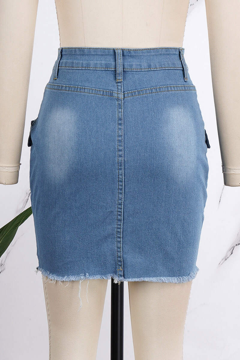 Blue Casual Solid Patchwork Buttons High Waist Skinny Denim Skirts