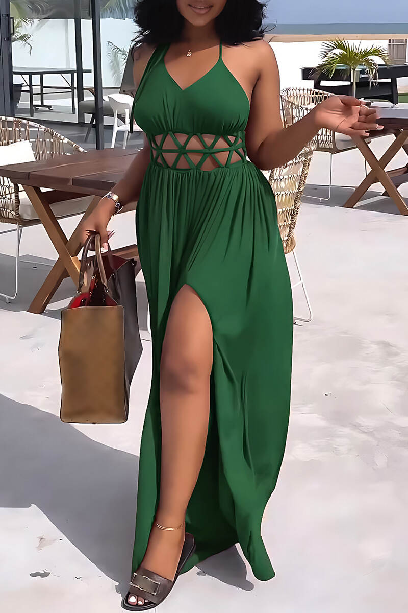 Green Sexy Casual Solid Bandage Hollowed Out Backless Spaghetti Strap Long Dress Dresses