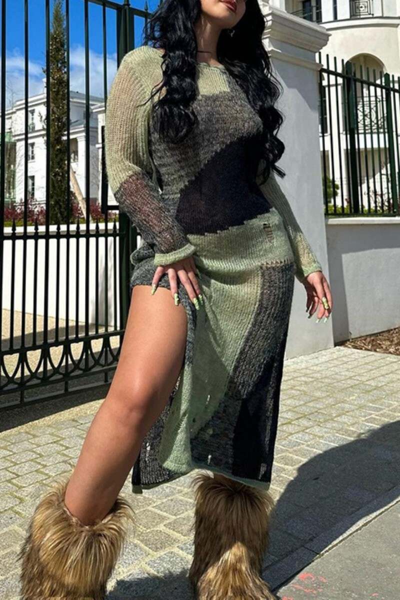 Green Casual Patchwork Ripped Slit O Neck Long Sleeve Dresses