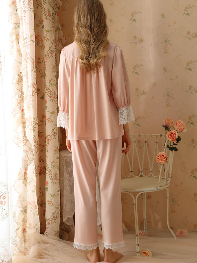 Lace Cotton V Neck Casual  Long Sleeve Pajama Set