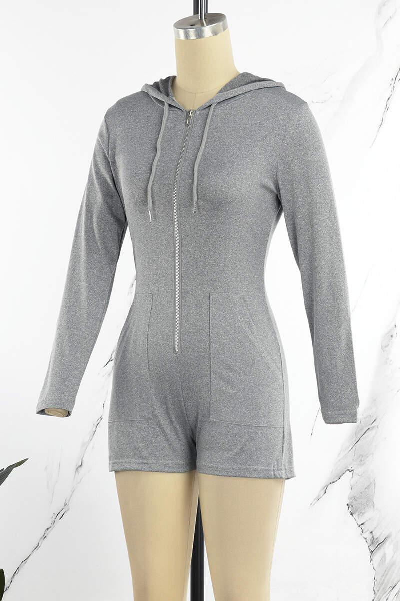 Grey Sexy Solid Patchwork Draw String Pocket Zipper Hooded Collar Regular Jumpsuits