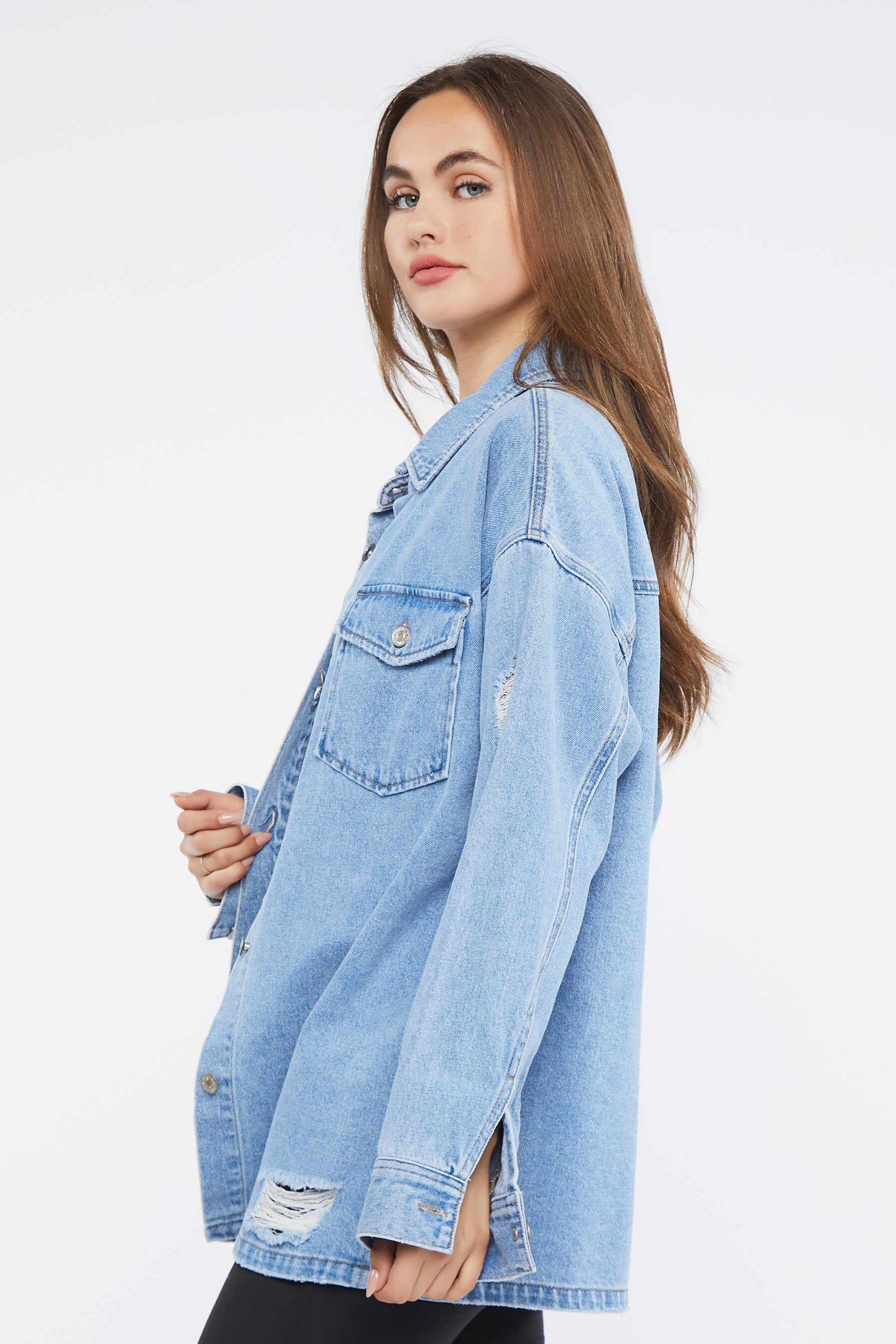 Women Apparel | Distressed Denim Shacket Black Forever21 - LK17173