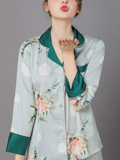 Floral V Neck Casual Regular Fit Long Sleeve Pajama Set