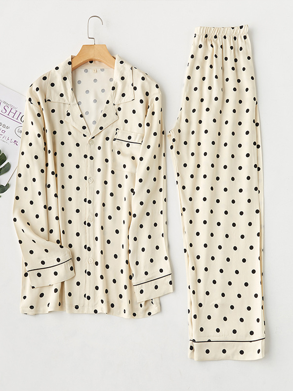 Regular Fit V Neck Polka Dots Elegant Long Sleeve Pajama Set