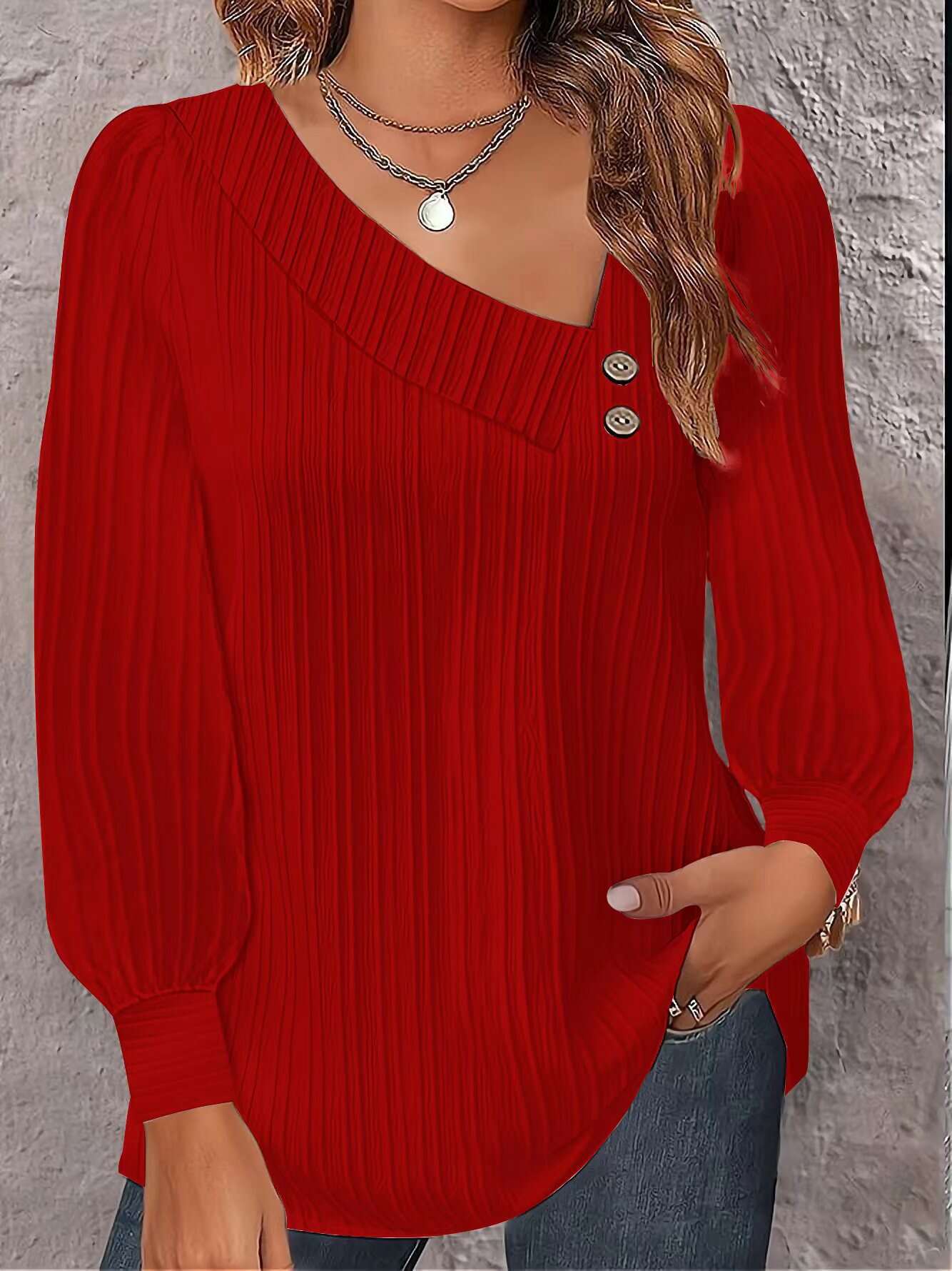 Simple v-neck button-down solid color long-sleeved shirt