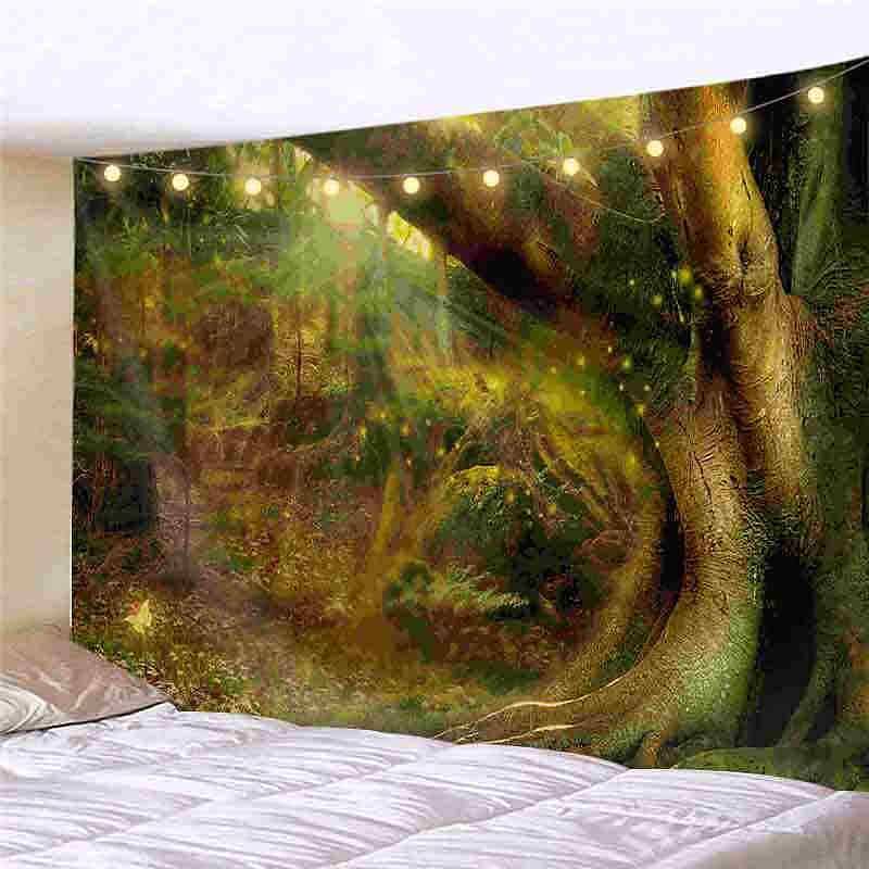 Landscape LED Lights Wall Tapestry Art Decor Forest Green Tree Print