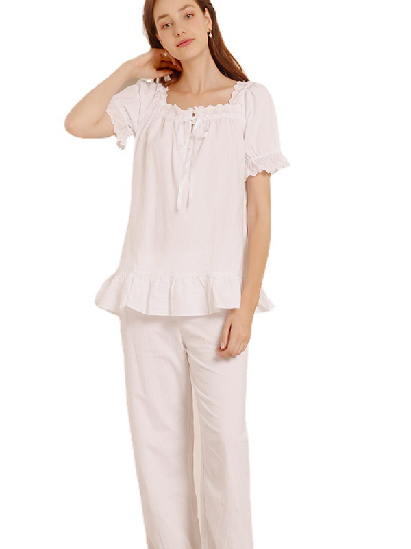 Cotton Casual Lace Loose Short Sleeve Pajama Set