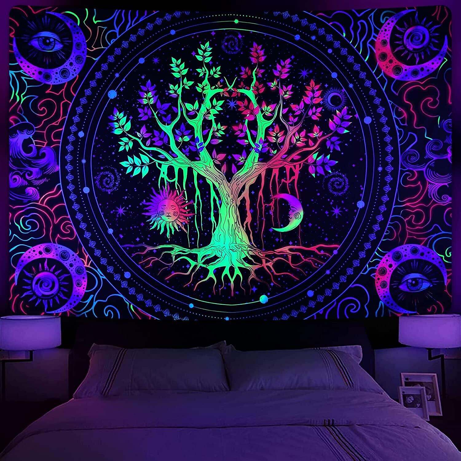 Blacklight Tapestry UV Reactive Trippy Tree of Life Mandala