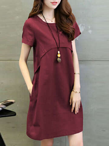 Women Casual Dresses | Solid Short Sleeve Pocket Casual Crew Neck Dress - AX71567