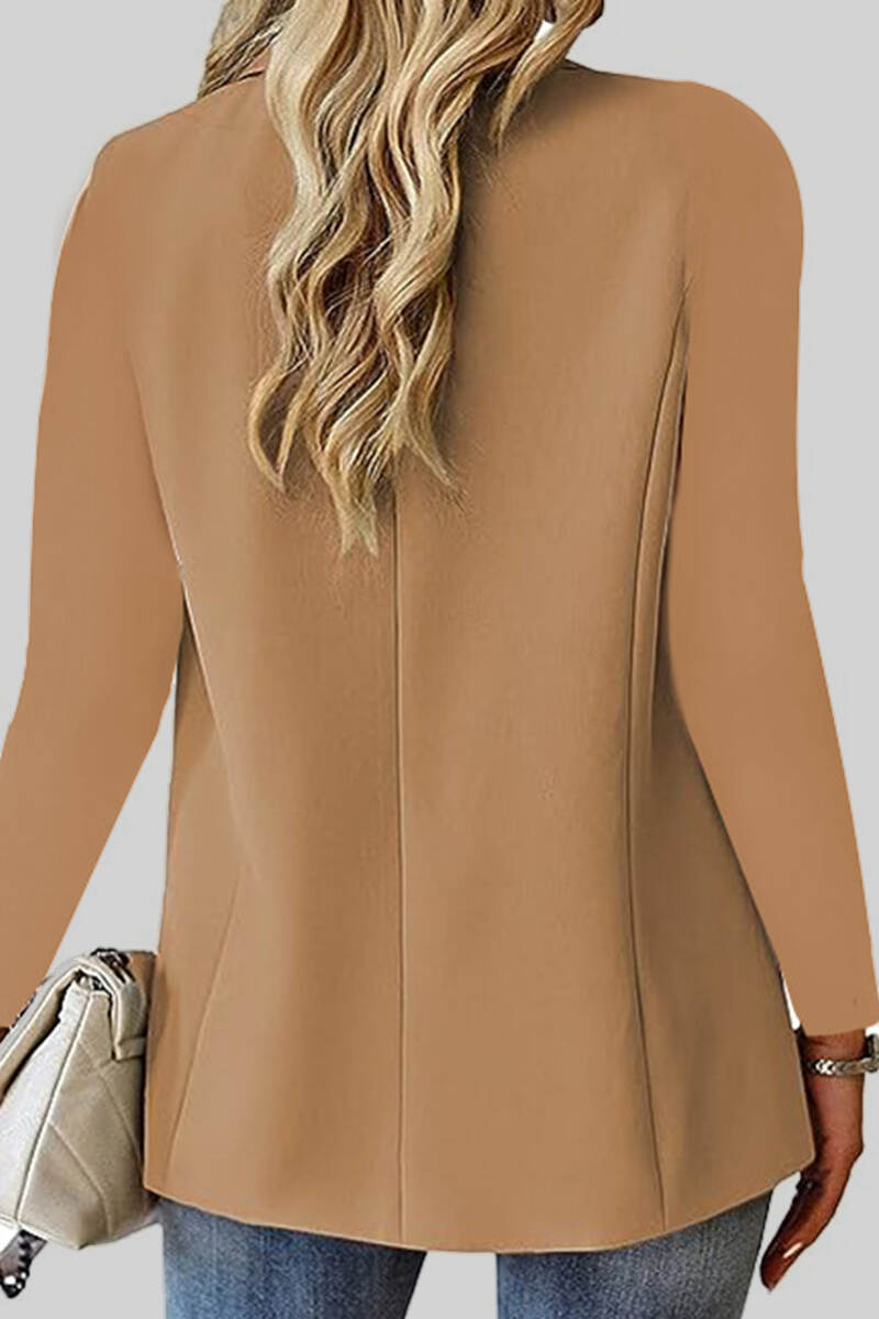 Khaki Casual Solid Cardigan Turn-back Collar Outerwear