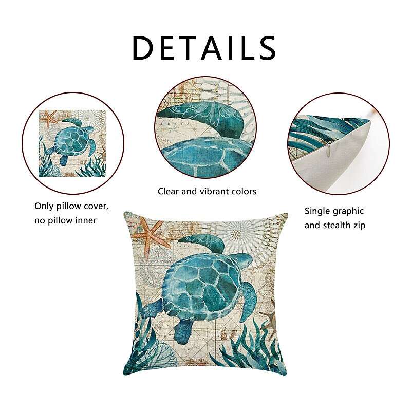 1pc Throw Pillow Cover Ocean Tutle Animal Zipper Traditional Classic Outdoor Cushion for Sofa Couch Bed Chair