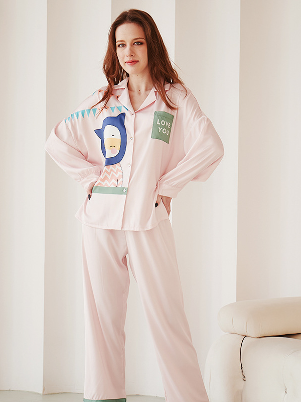 Simple Cartoon Ice Silk Loose Long Sleeve Pajama Set