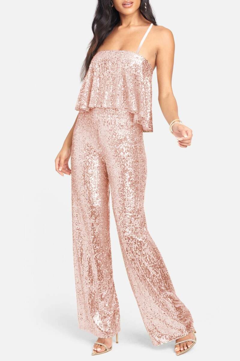 Pink Sexy Casual Patchwork Sequins Backless Spaghetti Strap Regular Jumpsuits