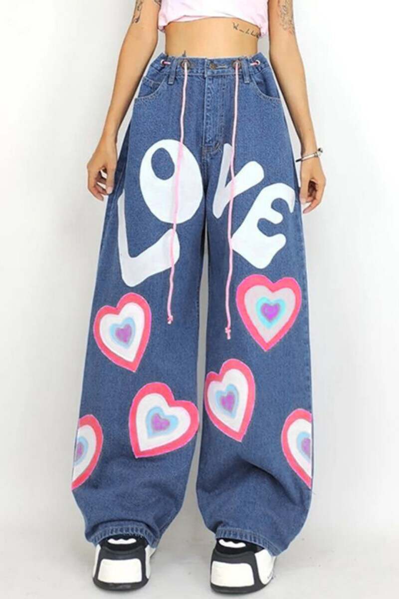 Blue Casual Letter Print Basic Mid Waist Regular Denim Jeans