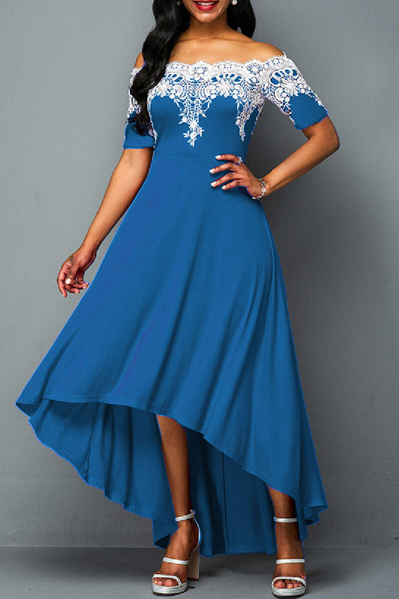 Blue Casual Embroidery Patchwork Off the Shoulder Irregular Dress Dresses