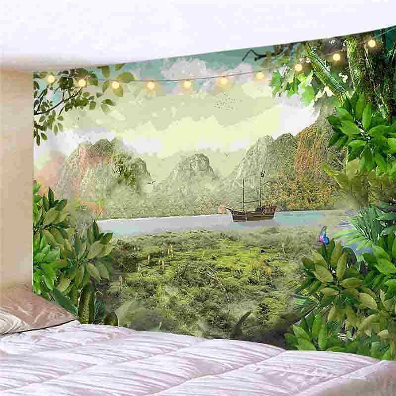 Landscape LED Lights Wall Tapestry Art Decor Forest Green Tree Print