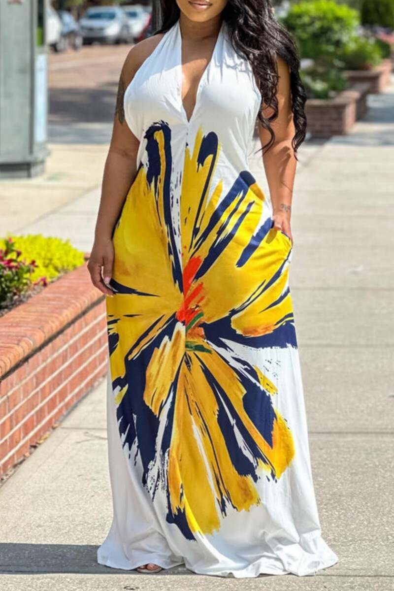 White Casual Print Bandage Backless Halter Long Dress Dresses