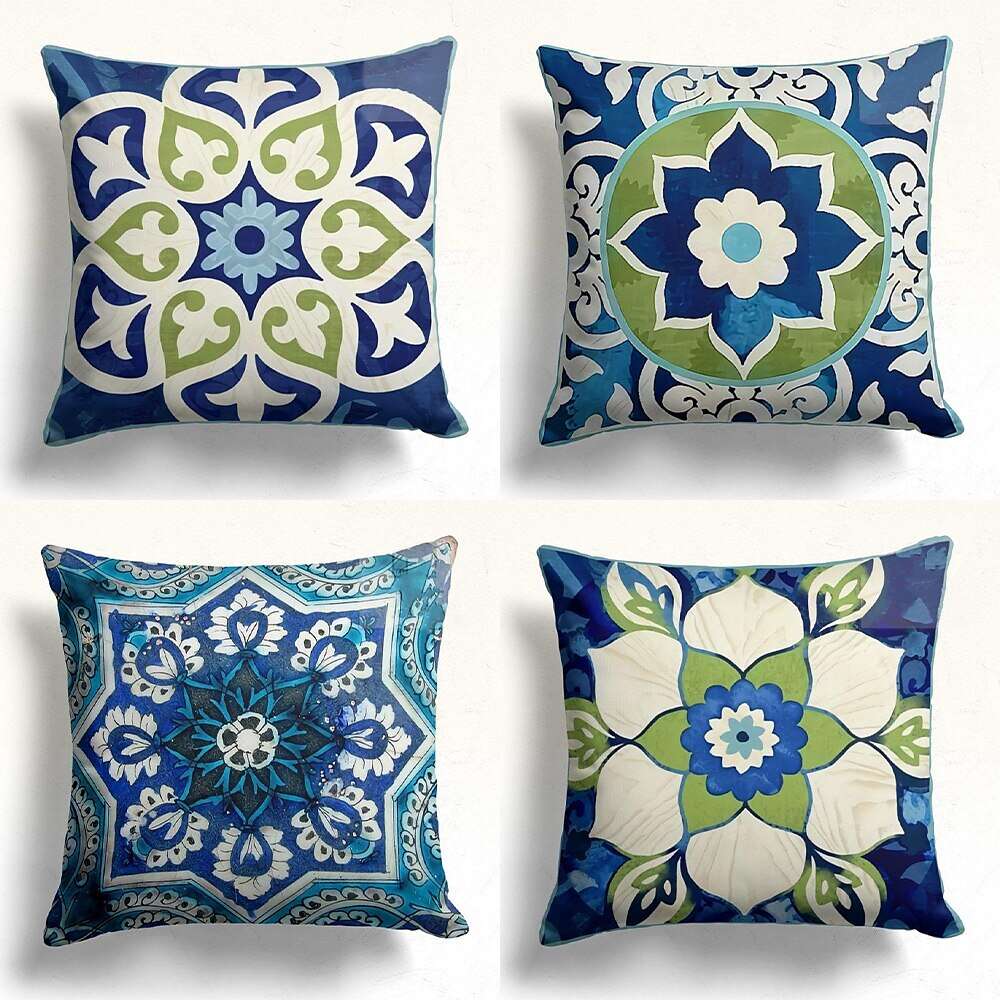 Mandala Tile Double Side Pillow Cover 4PC Soft Decorative Square Cushion Case Pillowcase for Bedroom Livingroom Sofa Couch Chair Mosaic Ceramic