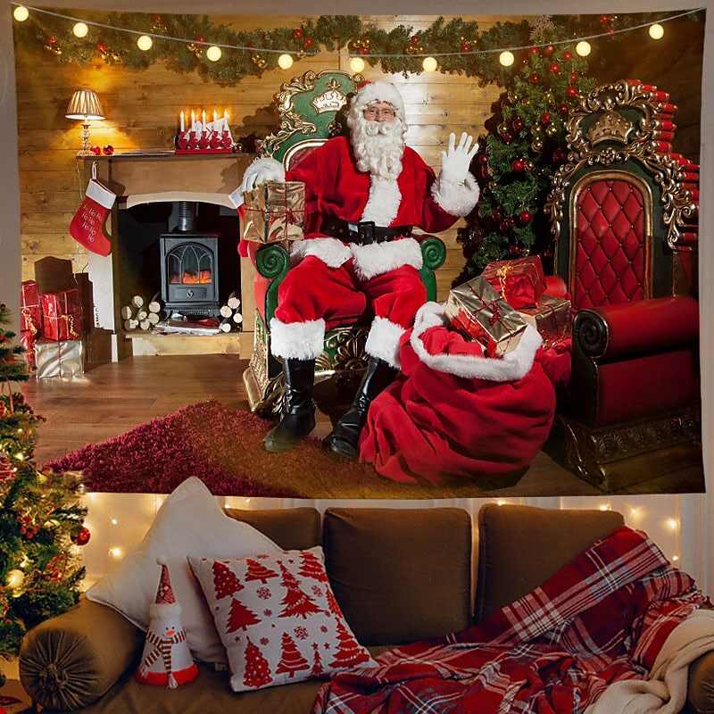 Christmas Decor LED Lights Wall Tapestry Santa Claus Christmas Tree Print