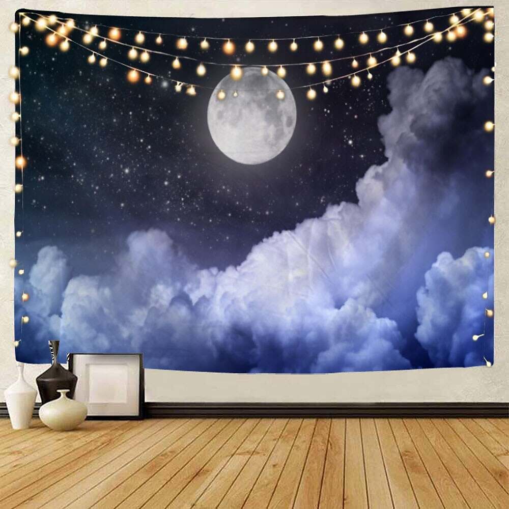 Moon Sea Sky Wall Tapestry Art Decor Landscape Full Night Ocean Cloud