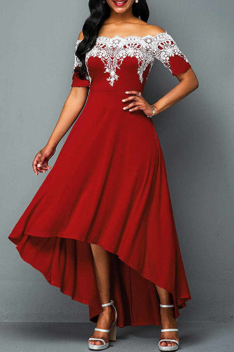 Red Casual Embroidery Patchwork Off the Shoulder Irregular Dress Dresses